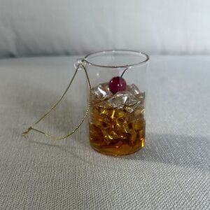 Williams Sonoma Whiskey Glass Manhattan Ornament with Gold and Cherry Accents
